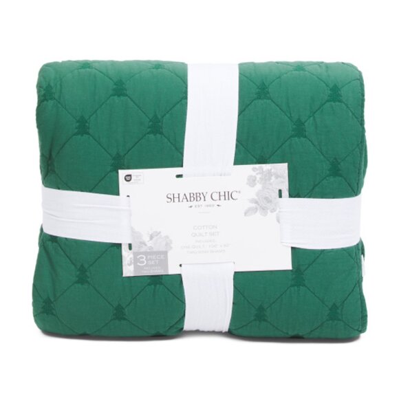 SHABBY CHIC Green Cotton Embroidered Christmas Tree Quilt Set - Picture 1 of 3